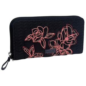 Vera Bradley Zip Around Wallet Navy Floral Embroidered 8x4" New w/o Wrist Strap